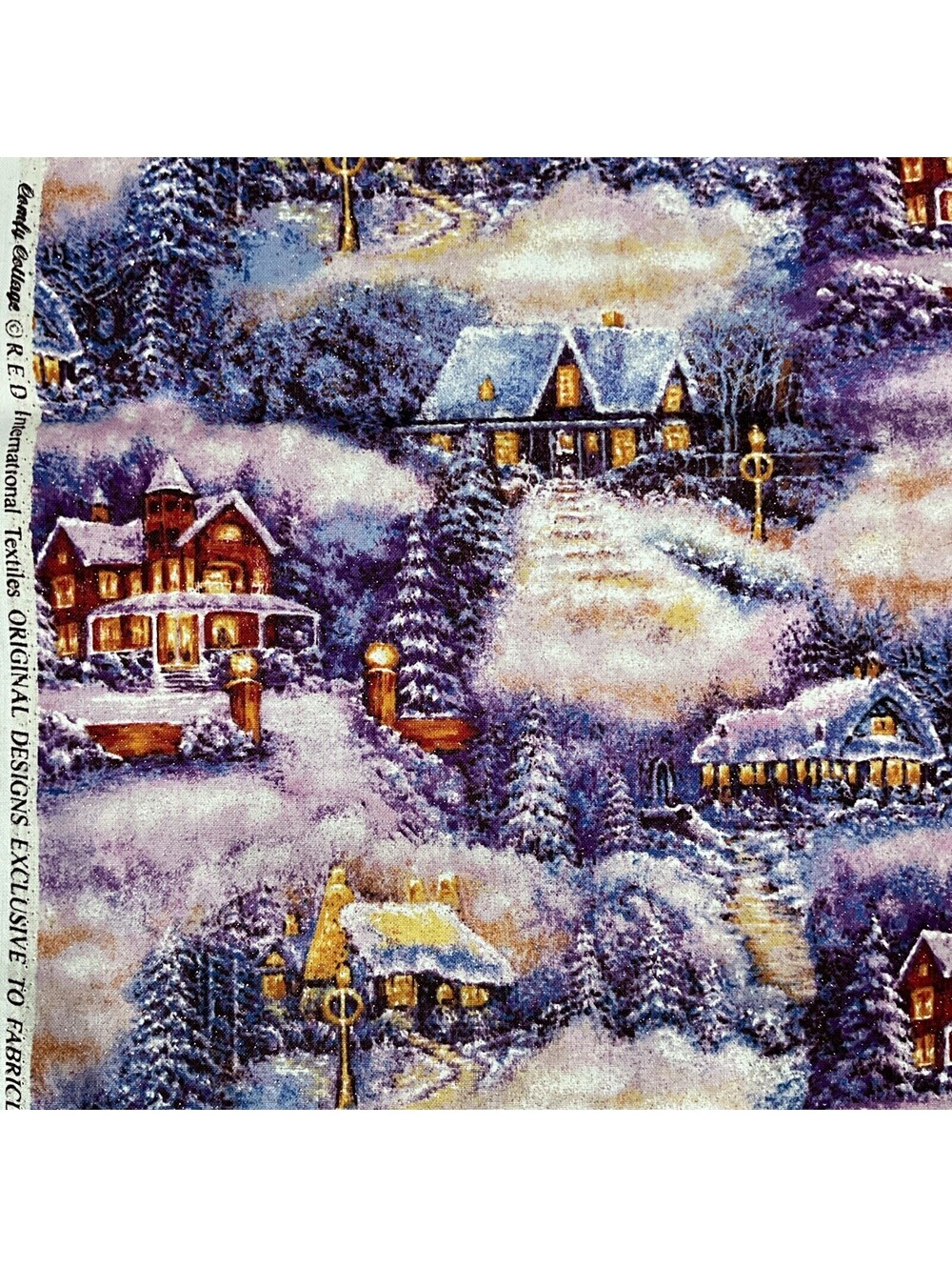 Christmas Comfy Collage Winter Homes Snow Trees Sparkle Cotton Fabric 1.9 Yds